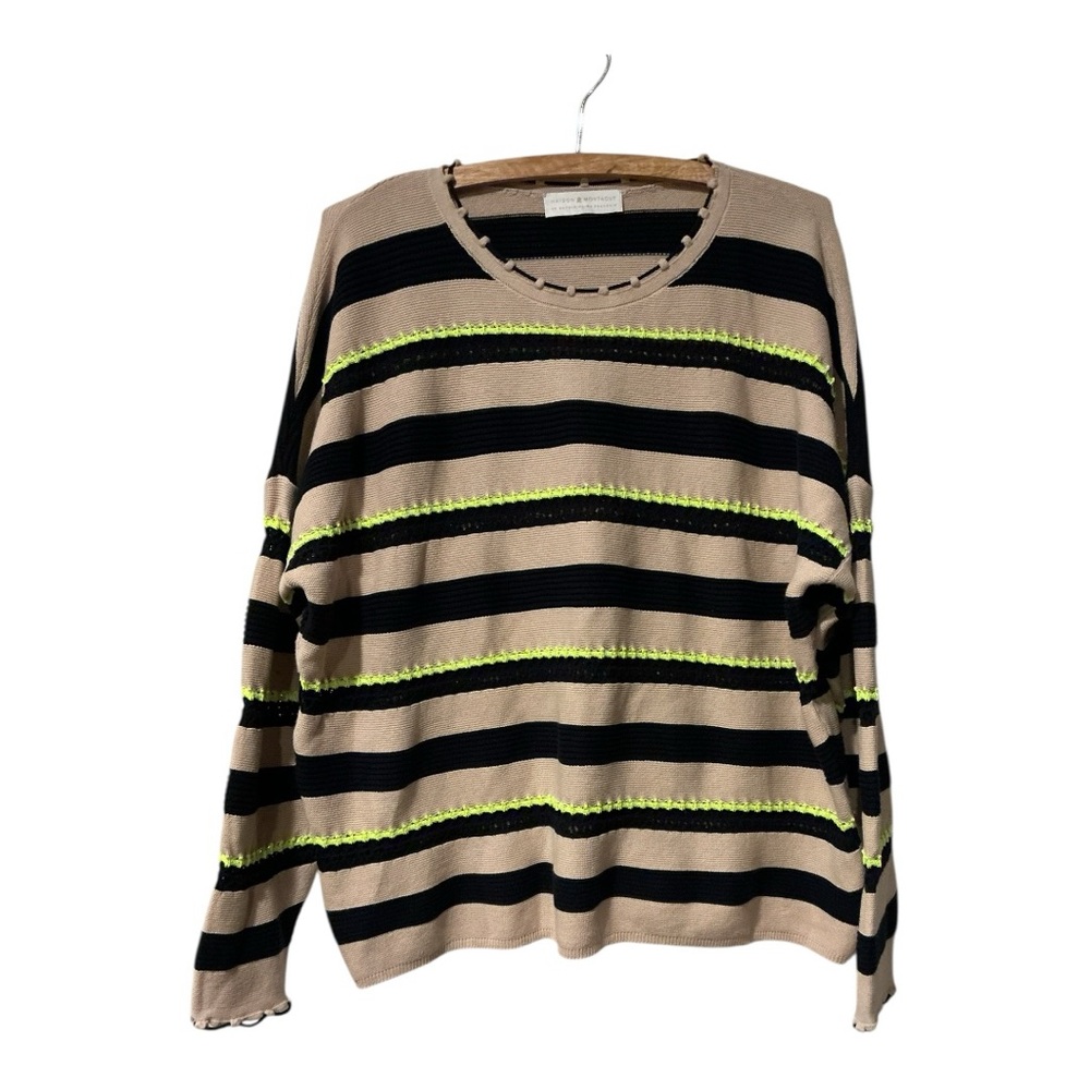 Maison Montagut Organic Cotton Striped Sweater Women’s M Beige Navy Neon Trim